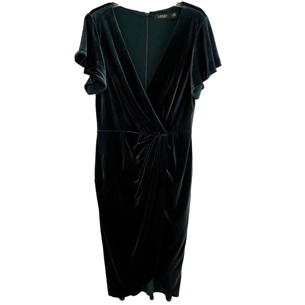 Lauren Ralph Lauren Velvet Dress Women 10‎ Green Flutter Sleeve Faux Wrap Midi